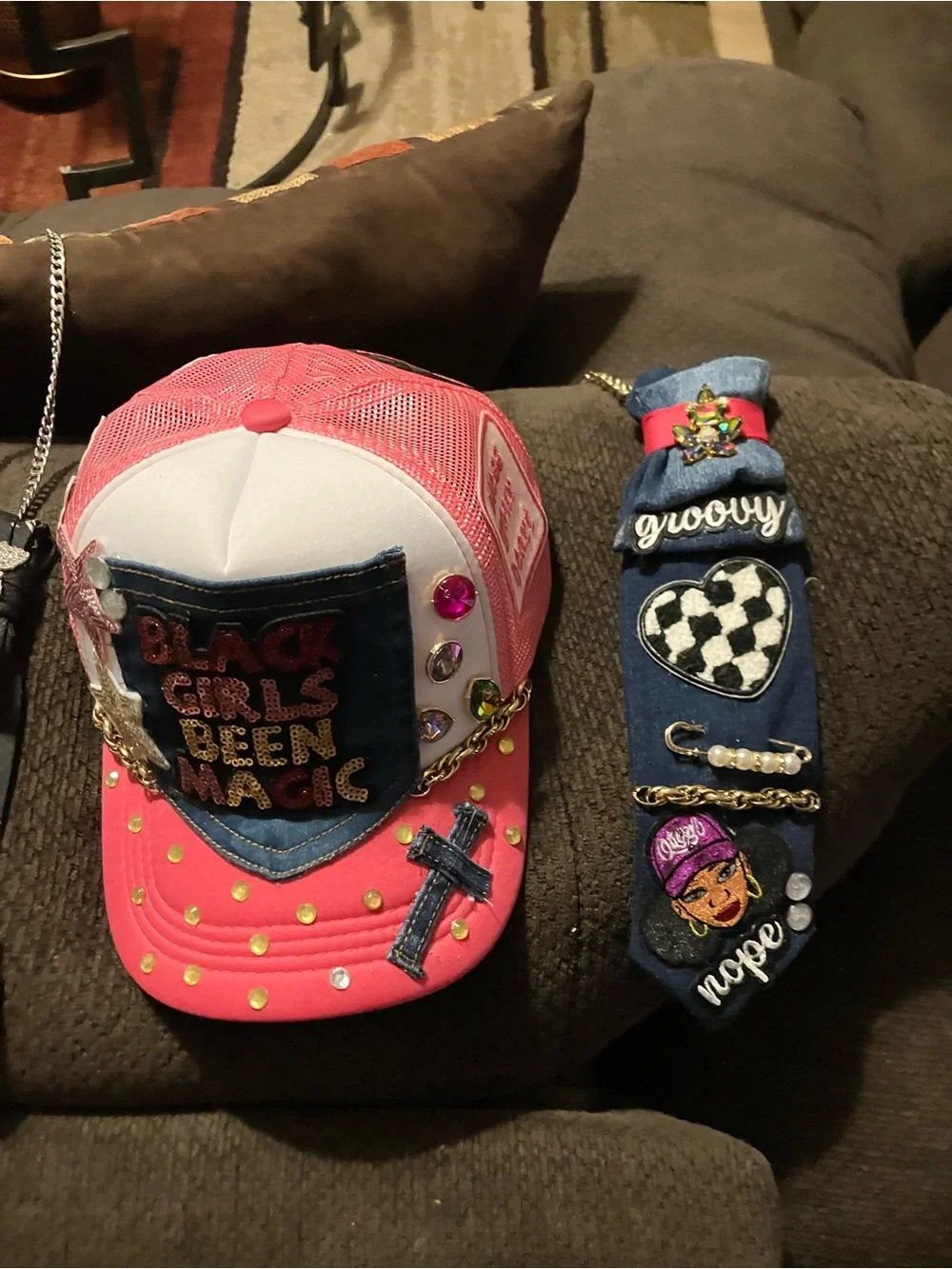 Pink and White Embellished Kids Trucker Hat with Fun Patch